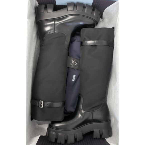 Prada Monolith Womens Platform Knee High Tall Boots Black Leather Size 38 / US 8 - Picture 2 of 4